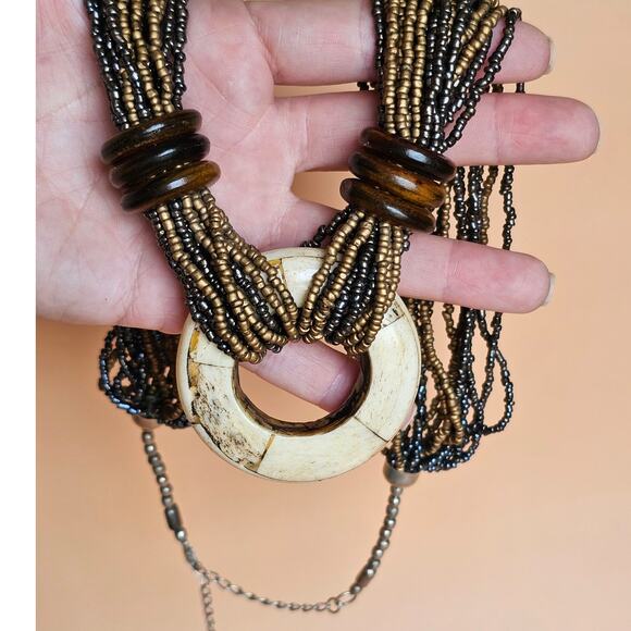 Source Unknown Jewelry - Vintage 80s Maximalist Multi Strand Brown Black Beaded Statement Necklace